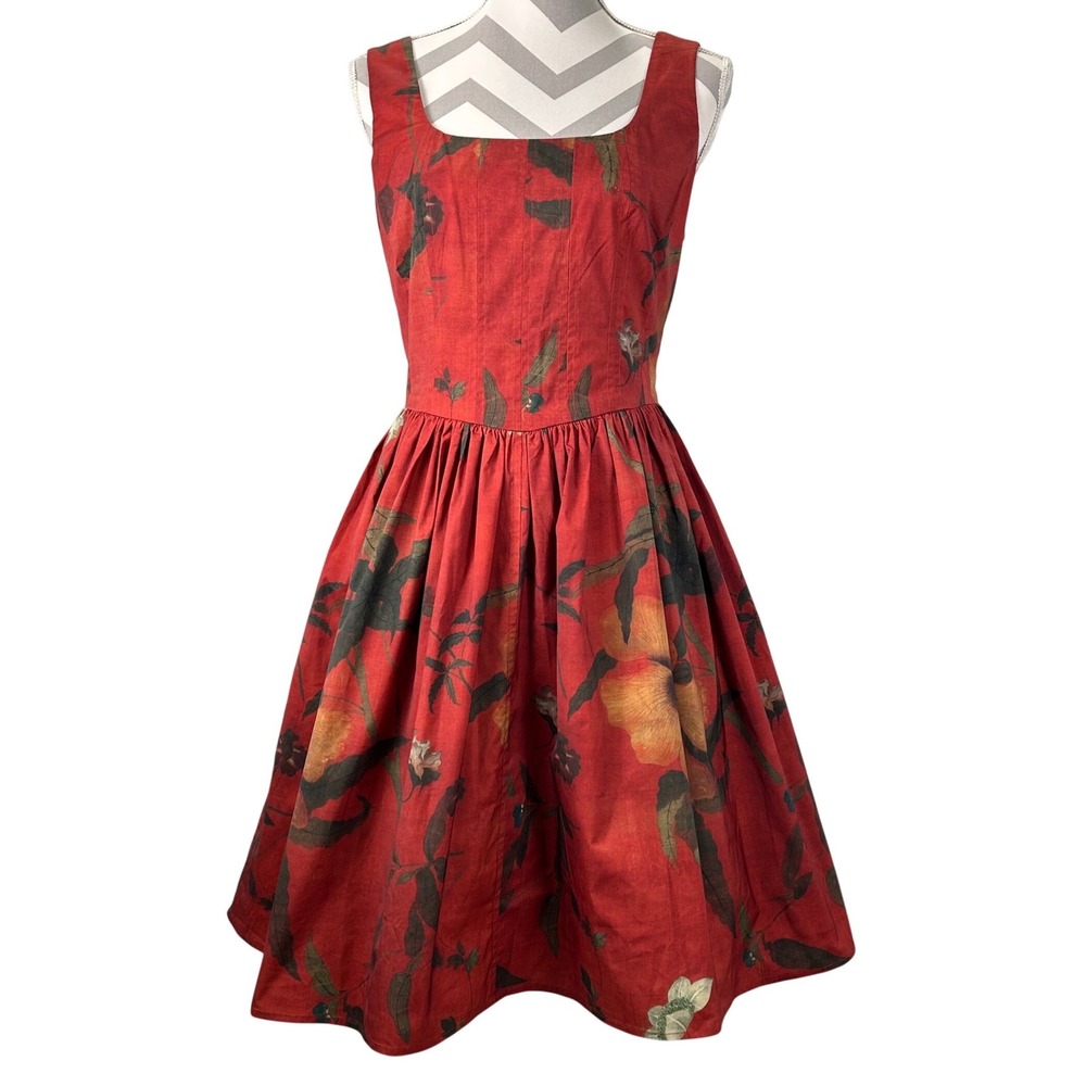 Peruvian Connection Red Floral Fit and Flare Basque Waist Midi Dress Womens 8